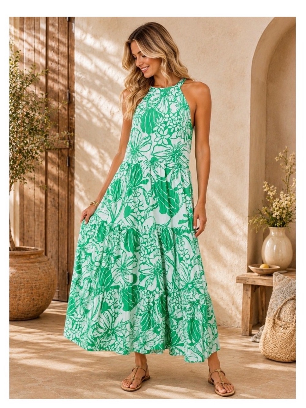 REPOSH Lilly Pulitzer Green Floral Halter Maxi Dress - Beach Ready Summer Style